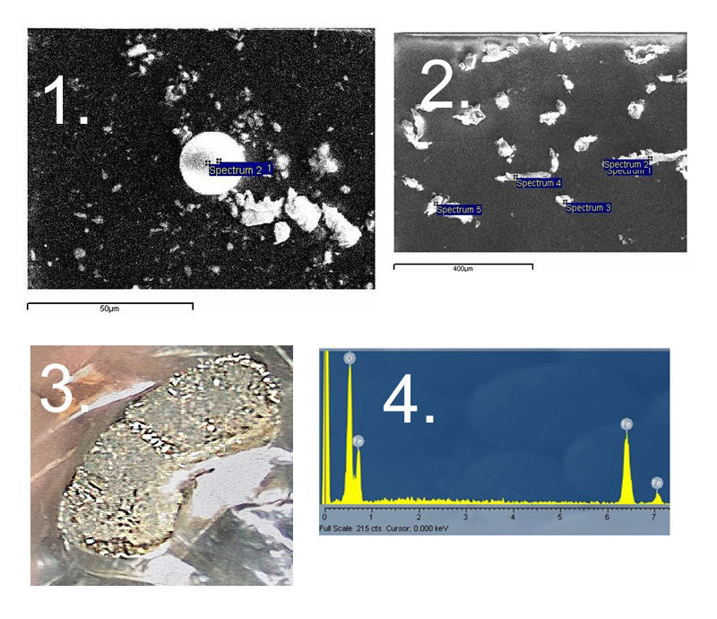 Four images. Image 1.  An SEM image highlighting the round spheres found in many of the debris samples. Image 2. SEM image of debris taken from expansion rack. Image 3. Magnet containing iron spheres found in carpet. Image 4. Chart showing peaks of iron confirming presence of developer balls. 