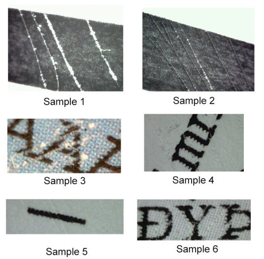 Shows 6 samples of print paper analysis.  The analysis is given in the text above in this popup