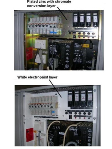 Two photos of telephone switch.  Top photo shows the panel being plated zinc with chromate conversion layer, and the bottom photo shows the switch's panel to be protected by an electropaint layer.